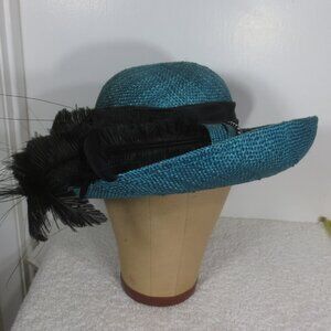 Sonni Hat 40s Vintage Teal Straw Fancy Black Feather Rhinestone Woven Size 6 7/8